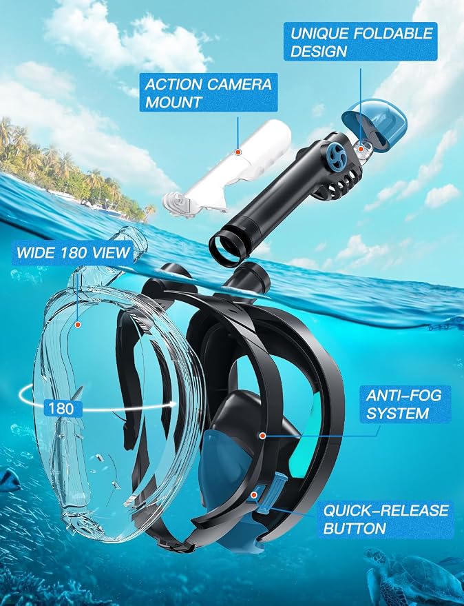 Full Face Snorkel Mask for Adults, 180° Panoramic Anti-Fog Snorkeling Gear with Dry Top System & Camera Mount, Foldable Anti-Leak Design for Travel, Swimming & Ocean Snorkeling