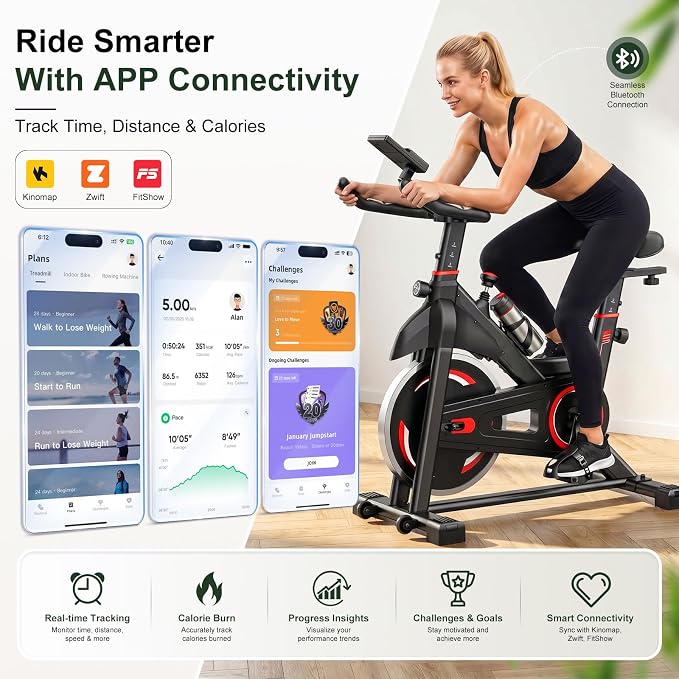 Exercise Bike with APP, Stationary Bike for Home, Workout Bike for Adults & Seniors, Indoor Cycling Bike with Adjustable Resistance, Low Noise, Easy Assembly, 265LB Weight Capacity