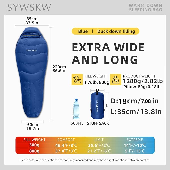 Down Sleeping Bag with Pillow for Backpacking,15℉ 5℉ 0℉ Wide Down Sleeping Bag (86.6 in x 33.5 in) for Adults,Youth Camping and Hiking Outdoor with 680FP Duck Down