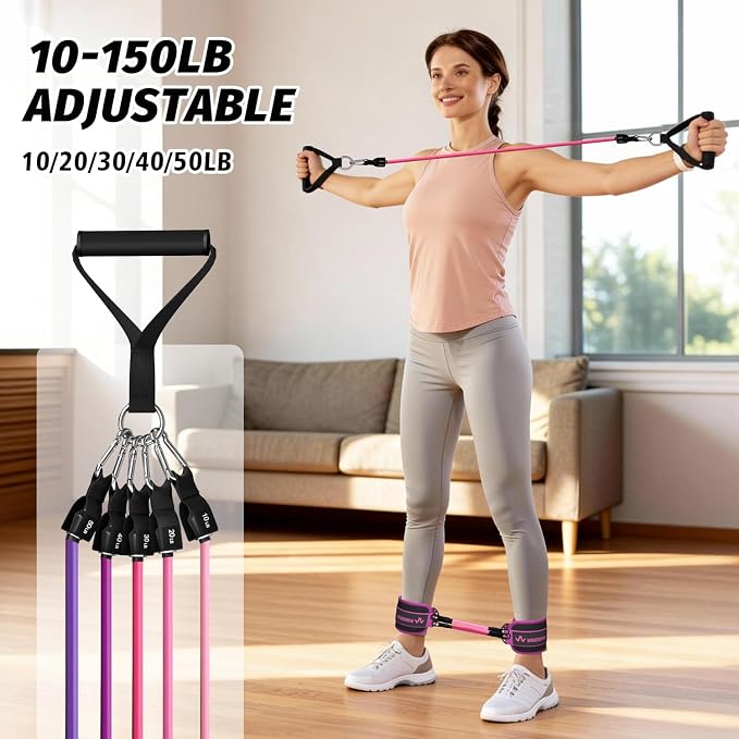 WHATAFIT Resistance Bands, Exercise Bands, Workout Bands with Handles, Door Anchor and Ankle Straps, 5 Resistance Levels Fitness Bands for Strength Training, Physical Therapy, and Home Gym Equipment