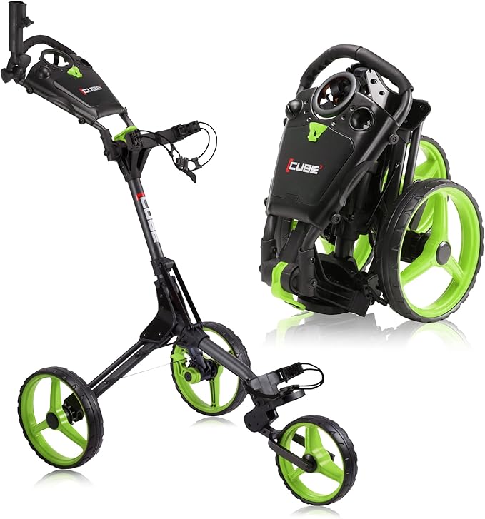 CUBE CART 3-Wheel Golf Push Cart – Ultra-Compact 14.5 lb Folding Golf Trolley, Two-Step Fold, Adjustable Handle, Foot Brake, Umbrella Holder & Built-in Storage