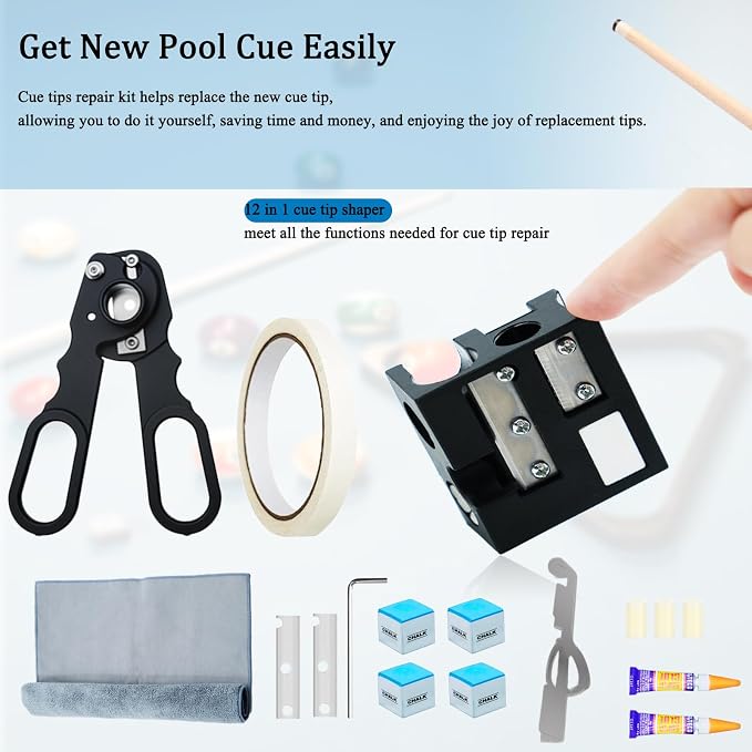 Pool Cue Tips Replacement Kit, 13mm Pool Stick Tips Replacement Kit Billiards Cue Tips Shaper Tools, Pool Cue Replacement Tips Repair Kit Billiard Pool Accessories