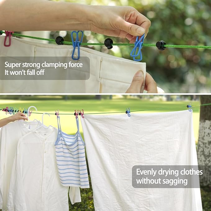 ISQ Steel Core Clothesline with 16 Clothespins 17 Anti-Slip Balls, Heavy Duty Portable for Indoor Outdoor Camping RV Balcony(1 Piece)