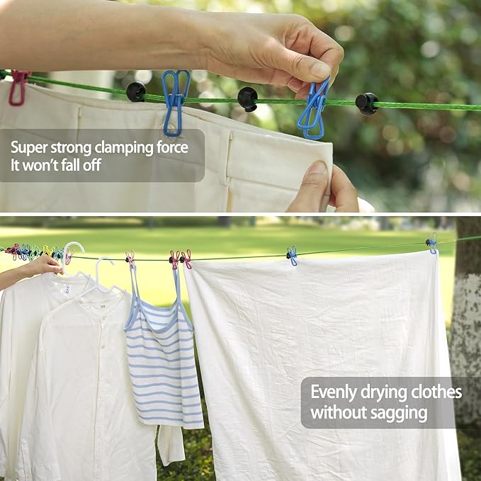 ISQ Steel Core Clothesline with 16 Clothespins 17 Anti-Slip Balls, Heavy Duty Portable for Indoor Outdoor Camping RV Balcony(2 Piece)
