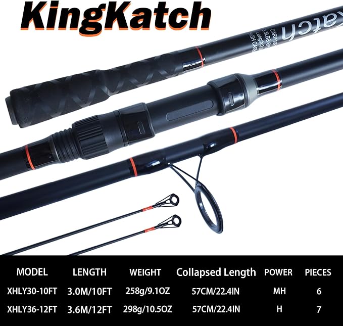Surf Fishing Rod 9'/10'/11'/12', Carbon Fiber Graphite Spinning Rod 3-Piece Travel Rod with 2 Tips, Includes Pompano Rig & High-Strength Wire Leaders for Saltwater Beach Surf Casting