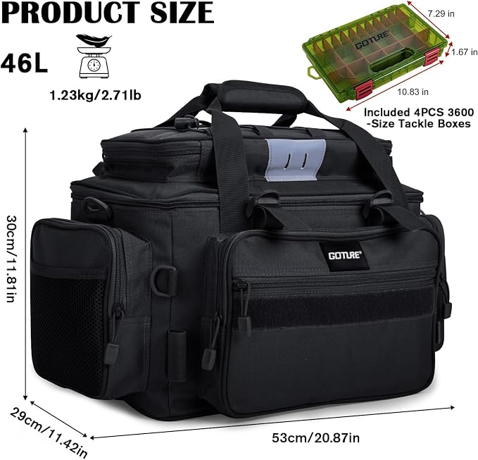 Goture Fishing Tackle Bag with 4PCS 3600 Tackle Boxes | 600D Water-Resistant, Rod Straps, Detachable Bottle Pouch,Waterproof Bottom, Freshwater & Saltwater Gear Storage Fishing Bag