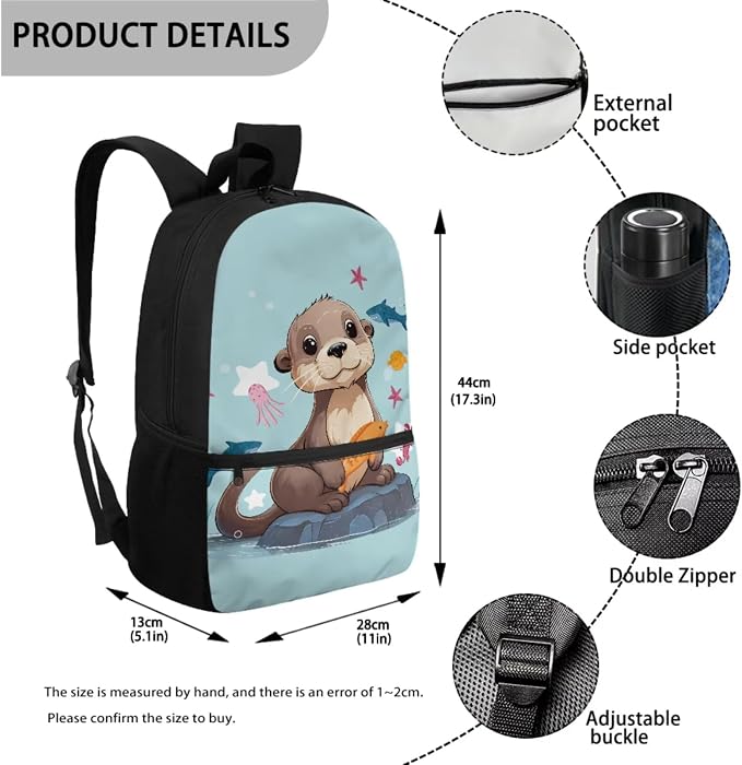 Sea Otter Backpack for Girls School Bag with Lunch Bag Pencil Case Water Bottle Holder 4PCS School Daypack Travel Bag Satchel Bagpack Back to School Supplies