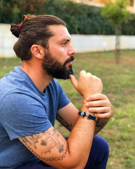 Men's Nautical Anchor Cuff Bracelet, Handmade Black & Blue Stainless Steel Rope Wristband with Lobster Claw Clasp