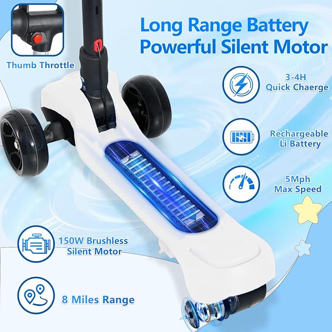 Electric Scooter for Kids Ages 3-12, Full Body Lights Up, Wide Deck, 3 Adjustable Heights, 5MPH Safe Speed, 90min Riding, Foldable 3 Wheel Electric Scooter for Kids Boys Girls Toddler