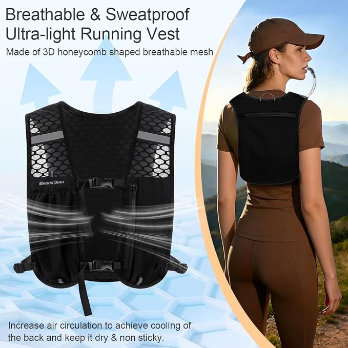 Running Vest with 1.5L Water Bladder, Lightweight Hydration Backpack for Women Men, Breathable Pack Adjustable Chest Straps Running Hydration Vest for Trail Running, Cycling, Hiking - Black
