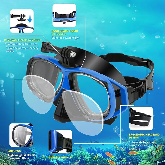 Nearsighted Snorkeling Gear for Adults Youth, Professional Shortsighted Full Dry Top Silicone Snorkel Set, Anti-Fog Diving Mask with Detachable Camera Mount for Scuba Diving, Spearfishing, Freediving