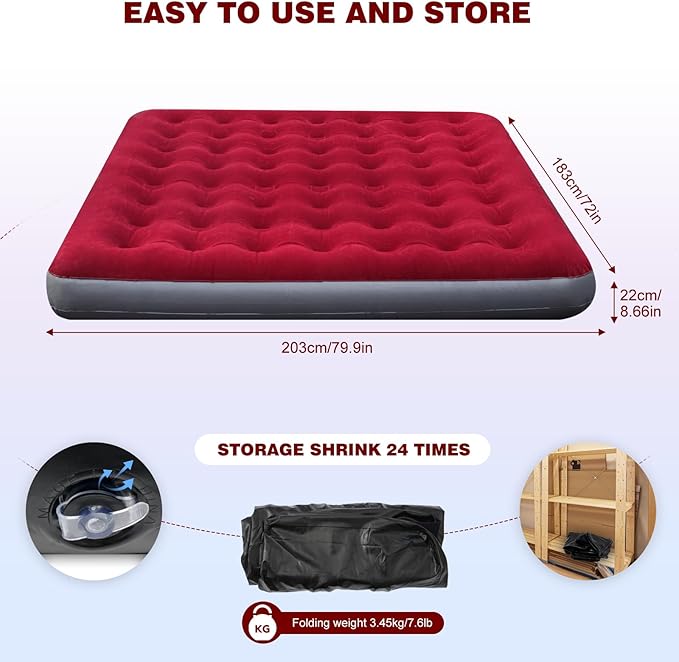 Onirii King Size Camping Air Mattress Bed with Air Pump | 80"x 72"Thickened Portable Blow Up Inflatable Air Mattress,Travel Sleeping Bed Pad for Camping Home Hiking