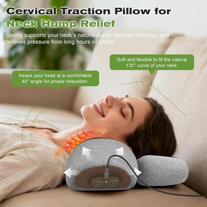 3-in-1 Neck Massager Pillow with Heat & Gentle Traction, Ergonomic Massage Support for Neck Hump Comfort, Daily Relaxation Design for Women and Men, Plug-in Use
