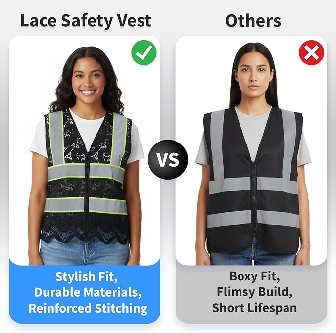 Lace-Mesh Safety Vest for Women & Men - Breathable, High Visibility Vest with Zipper & ANSI Class 2 Reflective Strips