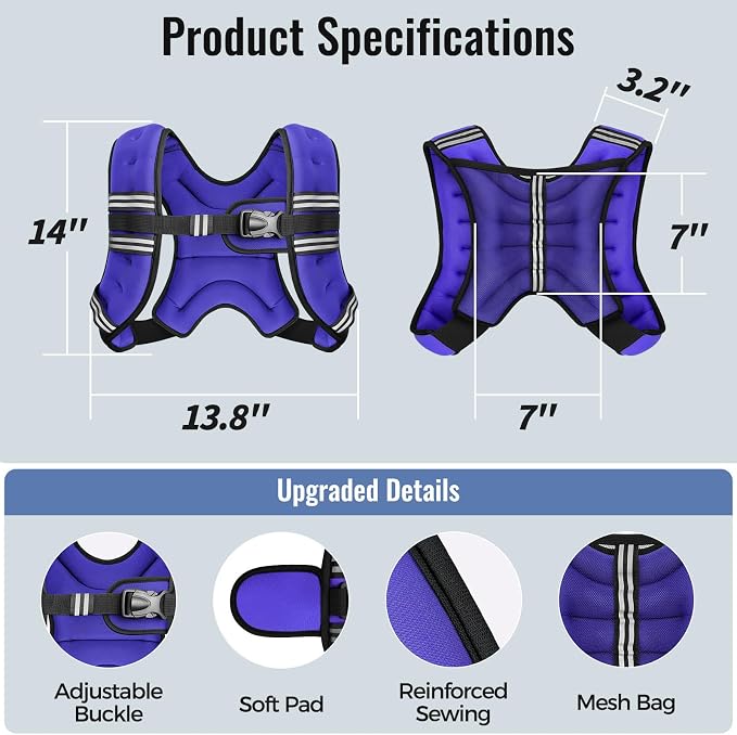 Zeerun Weighted Vest, 6lb/8lb/10lb/12lb/15lb/18lb/20lb/24lb/30lb for Men Women, Reflective Stripe Adjustable Buckle, Comfortable Durable Rucking Vest for Walking Running Strength Training
