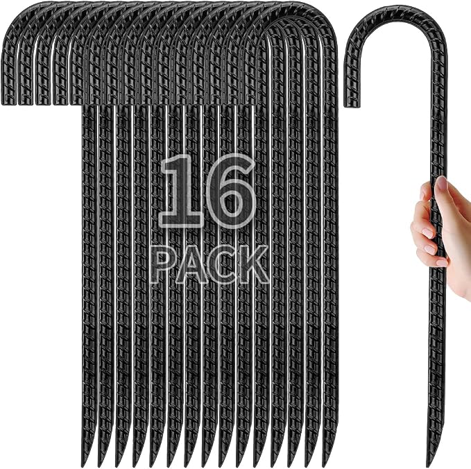 Kingsyard 16 Pack 12 Inch Rebar Stakes J Hook Ground Stakes, Galvanized Metal Heavy Duty Tent Stakes for Trampolines Chain Link Fence Lawn Inflatables Decorations Outdoor Canopy Swing Set