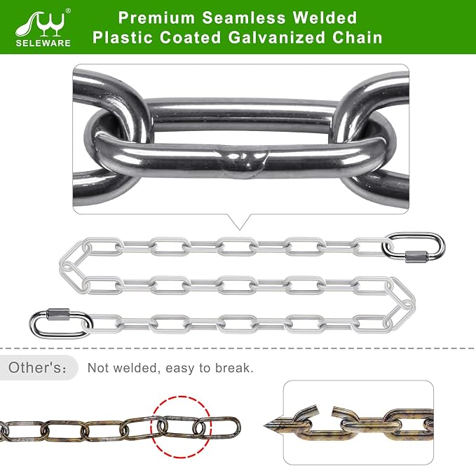 SELEWARE 2 Pack 60 Inch Hanging Swing Chain with 4 Carabiners, 1000LB Capacity Plastic Coated Hanging Chains, Hammock Hardware Kit for Swing, Hanging Chair, Punching Bags, Indoor Outdoor Gym (White)
