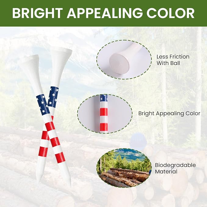Stylish USA Flag Golf Tees Wood 1 1/2" 2 1/8" 2 3/4" 3 1/4" Value 500/1000 Pack, Durable Long Short Tees with Stripes for Consistent Height