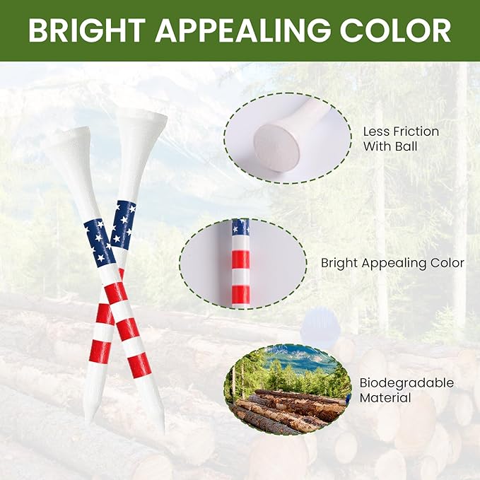 Stylish USA Flag Golf Tees Wood 1 1/2" 2 1/8" 2 3/4" 3 1/4" Value 500/1000 Pack, Durable Long Short Tees with Stripes for Consistent Height