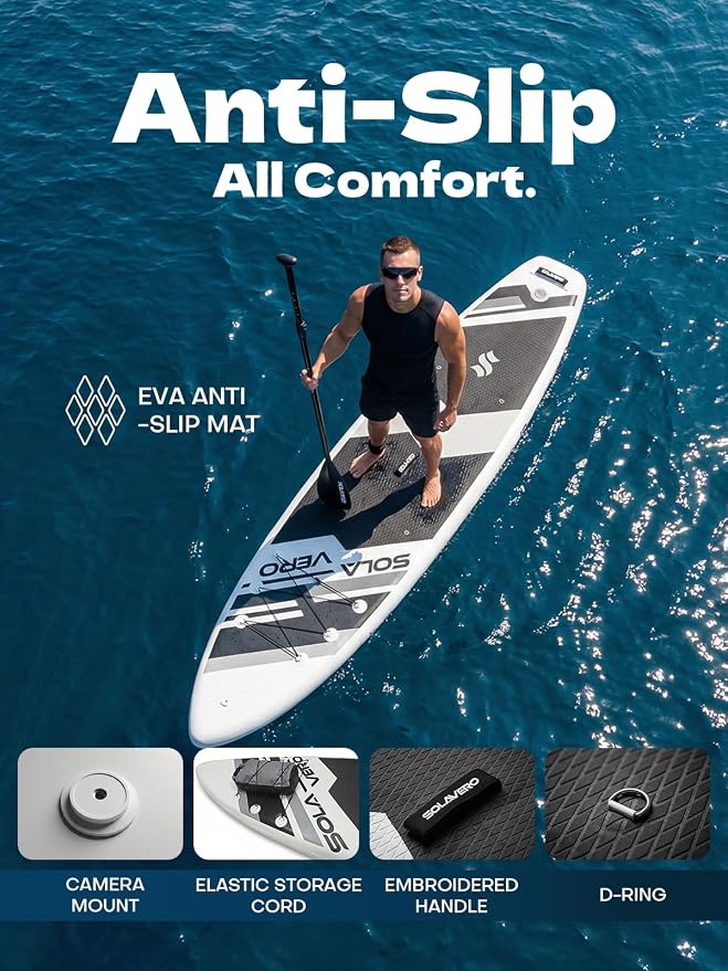 SOLAVERO Stand Up Paddle Board, 11‘ Inflatable SUP Supports 500LB - Wide Stable Board with Non-Slip EVA Deck for Adults & Youth of All Skill Levels