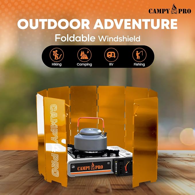 Orange Camping Stove Windscreen, 12-Plates Premium Aluminum Wind Guard Shield, Foldable Portable Design with Storage Box, Heavy-Duty, Butane Burner Windshield for Outdoor Cooking