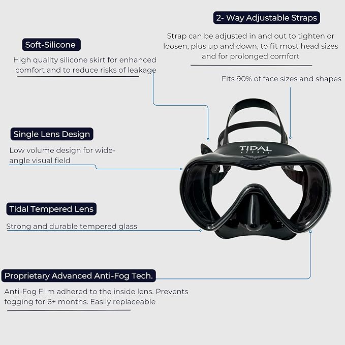 Tidal Mask-Advanced Anti Fog Diving Mask for Scuba Diving, Snorkeling, Free Diving&Swimming. Wide-Angle Tempered Glass Single Lens.