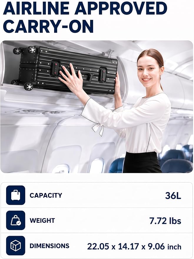 Carry On Luggage 22x14x9 Airline Approved, 20 Inch Zipperless Hard Shell Suitcase with Aluminum Frame, TSA Lock & Spinner Wheels, Lightweight Carry-On Luggage for Travel, Black