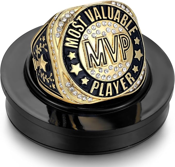 Highergo 1 PC Champion Mvp Rings Baseball Soccer Basketball Volleyball Football Softball Trophy Ring with Display Stand and Neck Chain Size 11 for Winner Tournament Award Gift(Baseball)