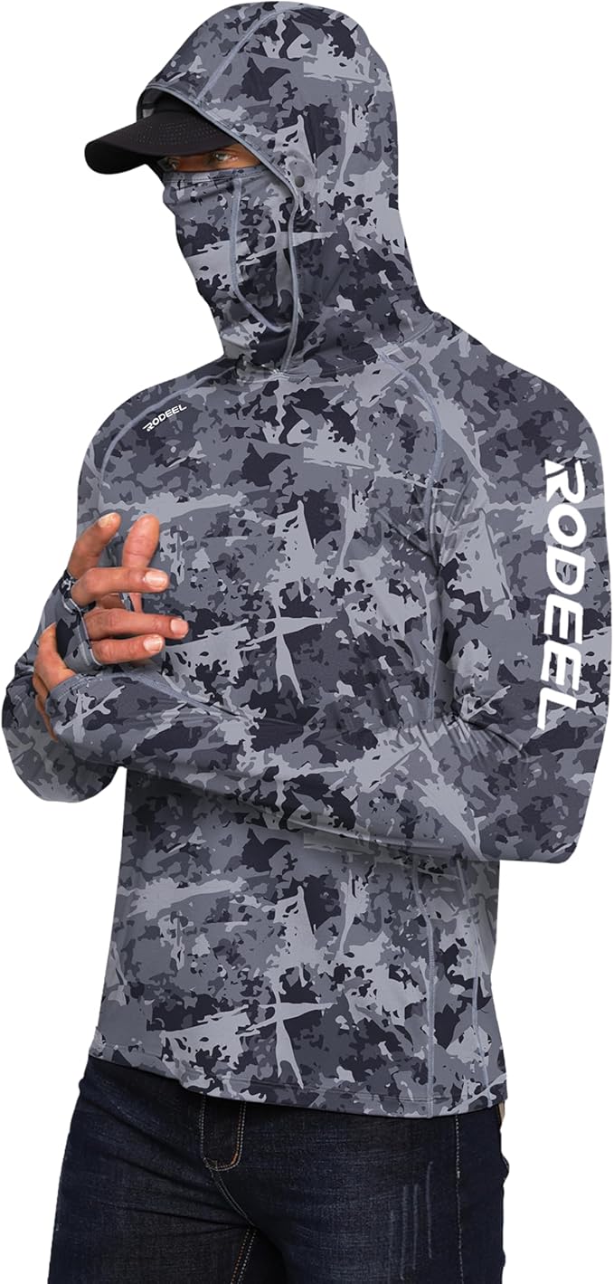 Rodeel Men's UPF 50+ Performance Fishing Hoodie, Long Sleeve Sun Protection Athletic Quick-Dry Breathable T-Shirt