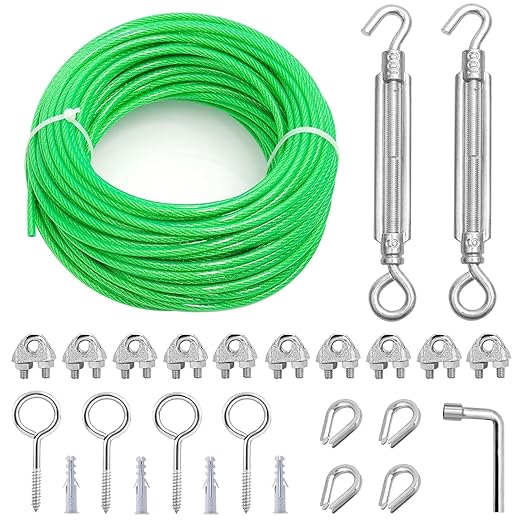 50Ft Clothes Line Outdoors, Green PVC Coated Steel Cable Clip Kit, Multi-use Turnbuckles for Cables Wires/Clothesline Wire/Grape Vine/String Light Hanging Kit