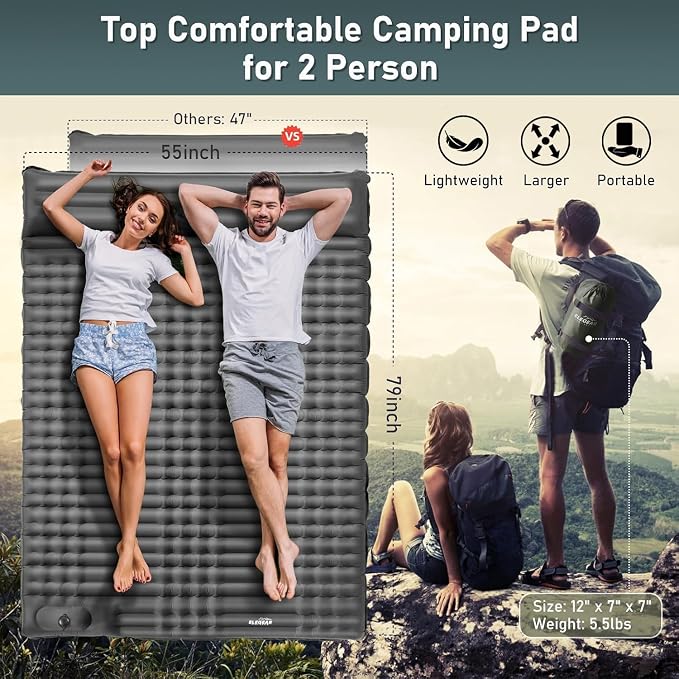 Elegear CumbreX™ Double Sleeping Pad for Camping, 4.7" Ultra-Thick Inflatable Camping Sleeping Pad 2 Person with Built-in Foot Pump, Portable Camping Sleeping Mat for Backpacking Hiking Tent,Gray Full