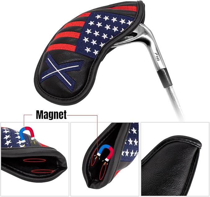 Magnetic Golf Iron Covers Premium Leather Iron and Wedge Golf Club Head Covers - Set of 10 Fits Most Clubs USA American Flag Head Cover Set Headcovers for Irons
