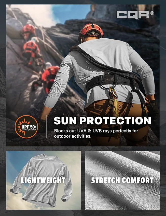 CQR Men's UPF 50+ Sun Protection Long Sleeve Quick Dry Athletic Shirts, Stretch Running Workout Hiking T-Shirts