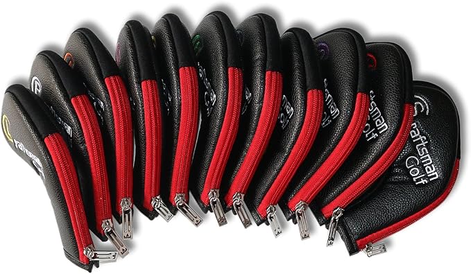 Craftsman Golf 11pcs /Set (4,5,6,7,8,9,A,S,P,L,X) Synthetic Leather Black with Red Edge Iron Head Cover Headcover Set for Callaway Ping Etc. with Zipper