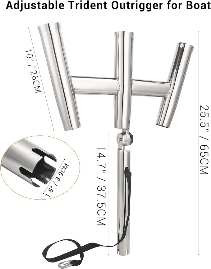 3 Tube Rod Holder-Stainless Steel Trident Outrigger Stylish-Tree Triple Rod Holder Adjustable Silver Kite Fishing Mount 3-Rod Racks for Boat, Ship, Yacht