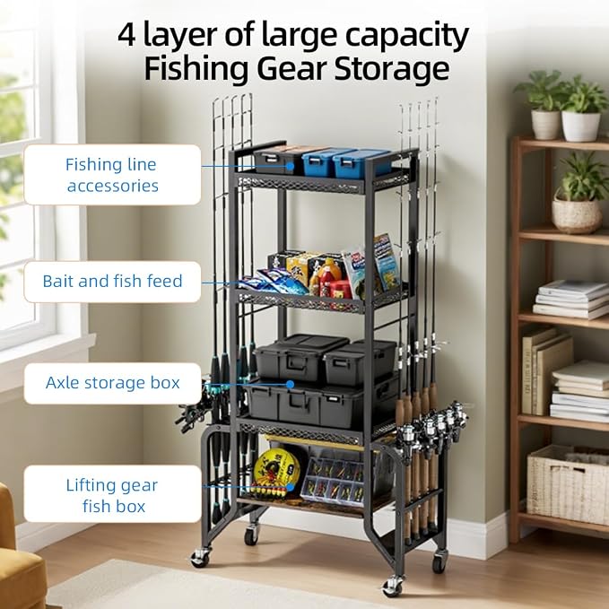 Fishing Gear Storage Fishing Pole Holders for Garage- Rod Holder up to 10 Rods with Wheels and 4 layer of large capacity Shelf，Fishing Organizer for Large Tackle Box -Fishing Gear Storage