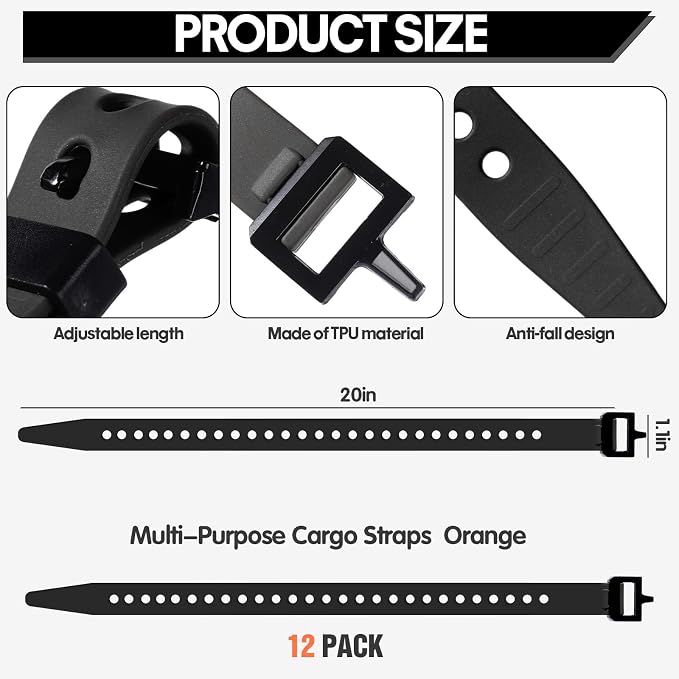 Blulu 8 Pack Reusable Industrial Straps 20" Length Reliable Tension Straps for Securing Bike Motor Gear -70 Lb. Working Load, Elastic Cable Ties for Welders Skis, Garden Hoses (Black)