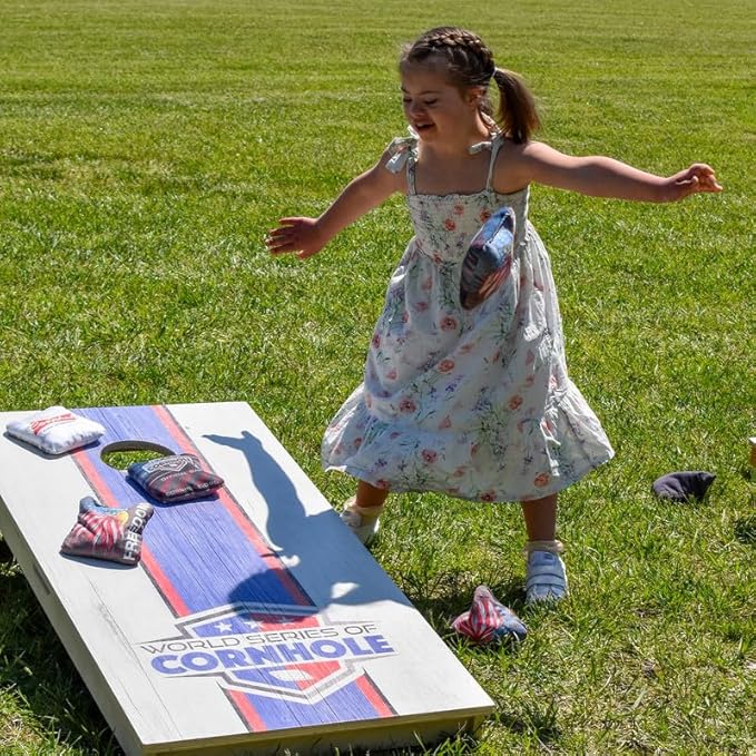Professional Cornhole Bags Set of 8 Regulation Patriotic Series Resin Filled Pro Bean Bags Dual-Sided Slick and Stick