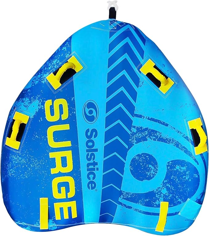 Solstice Surge Inflatable Towable Boat Tube | Stable 2-Person Water Sports Tube with Easy Inflate/Deflate System | 6 Handles & EVA Knuckle Guards | Vibrant Colors for Prime Visibility & Tubing Fun