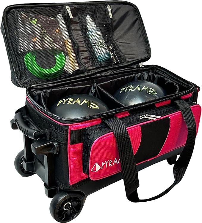 Pyramid Deluxe Double Roller 2 Ball Bowling Bag with Large Separate Shoe Compartment (Up To 2 Pairs Of Shoes) and Accessory Pockets, Sturdy Square Handle - Extends to 40" - Pro Options Available