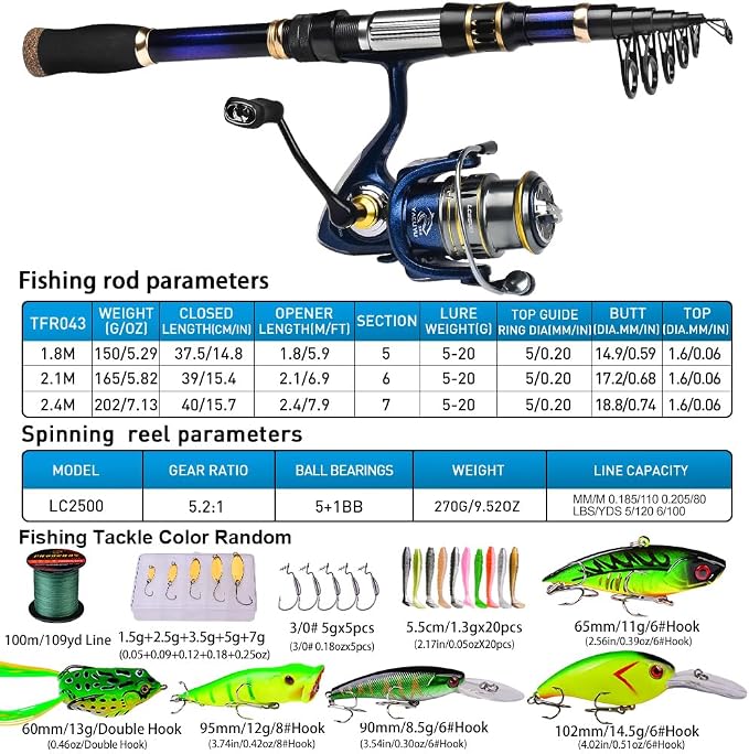Fishing Rod and Reel Combo - Telescopic Fishing Poles and Spinning Reels Combos - Carbon Fiber Fishing Pole with 2500 Fishing Reel Combos - Bass Fishing Tackle Gear Set Fishing Rods Kit 1.8m/5.9ft