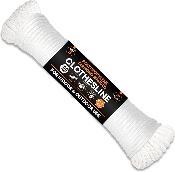 Xpose Safety Diamond Braided Clothesline Rope 8/32" x 100 ft, White Polypropylene Heavy Duty Braided Cord for Clothesline, Camping, Tents, Flagpole, Hoist, Pulley & Outdoor Use, 1 Pack