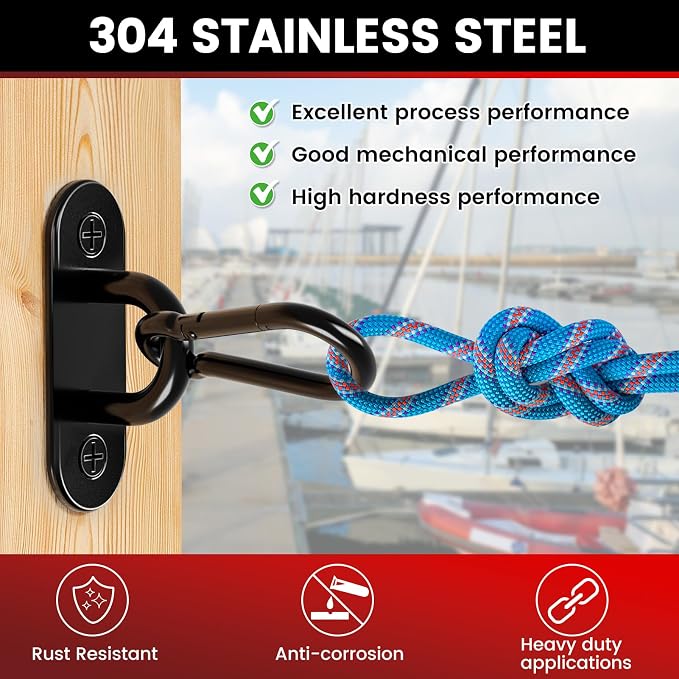 sprookber 304 Stainless Steel Pad Eye Snap Hooks, M5 Heavy Duty Ceiling Hooks, 500 lb Capacity Hammock Swing Hanging kit, Plant Hangers, Marine Hardware Staple Hook Loop with Screws, Set of 8(Black)