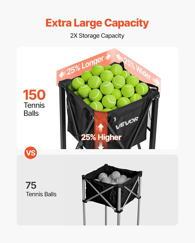 VEVOR Tennis & Pickleball Hopper Holds 200/175/150/120 Balls, 3-in-1 Tennis Foldable Pickleball Basket Cart for Easy Installation, Storage Bag for Tennis Training & Teaching