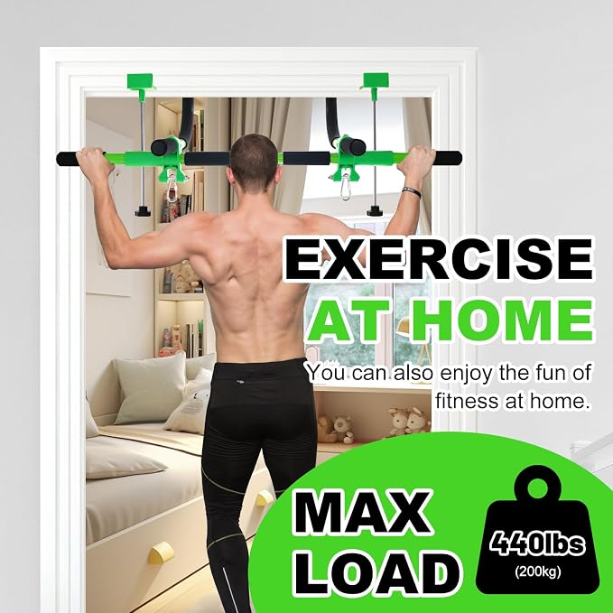Doorway swing mount for Kids & Door Pull Up Bar for Adults, Indoor Kid Swing with 4 Accessories, Multi-Function Doorway Gym, Fits Door Frame 24.41-30.51'' W x 3.94-6.69'' Thickness (Green)