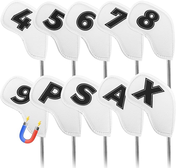 Golf Iron Covers Set Strong Magnetic Closure Value 10 Pack, Double Side Number Synthetic Leather Deluxe Club Headcover, Universal Head Cover Fit Main Irons Clubs for Women Men