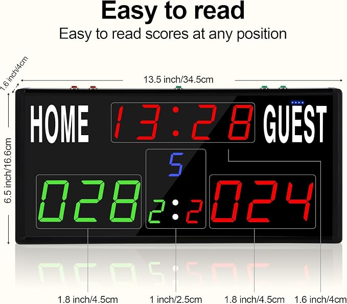 LED Electronic Scoreboard Digital Score Keeper with Remote/Timer/Shot Clock,Portable Basketball Scoreboard with 40-Foot Remote Control ,100FT VISIBLE,24H Clock,Score History,6 Brightness,3 Placements