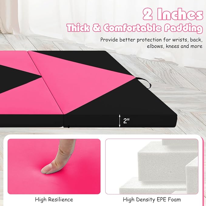 Goplus Gymnastics Mat, Folding Tumbling Mat with Carry Handles, Hook & Loop Fasteners, 4 Panels for Fitness Exercise Yoga Stretching Aerobics Workouts, Thick Gym Mats for Home