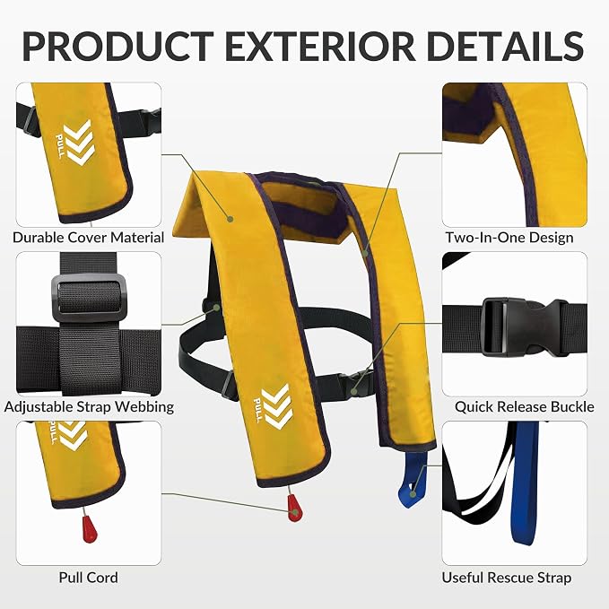 Automatic Inflatable Life Jackets for Adults Life Vests PFD Low Profile Load Capacity Up to 330lbs