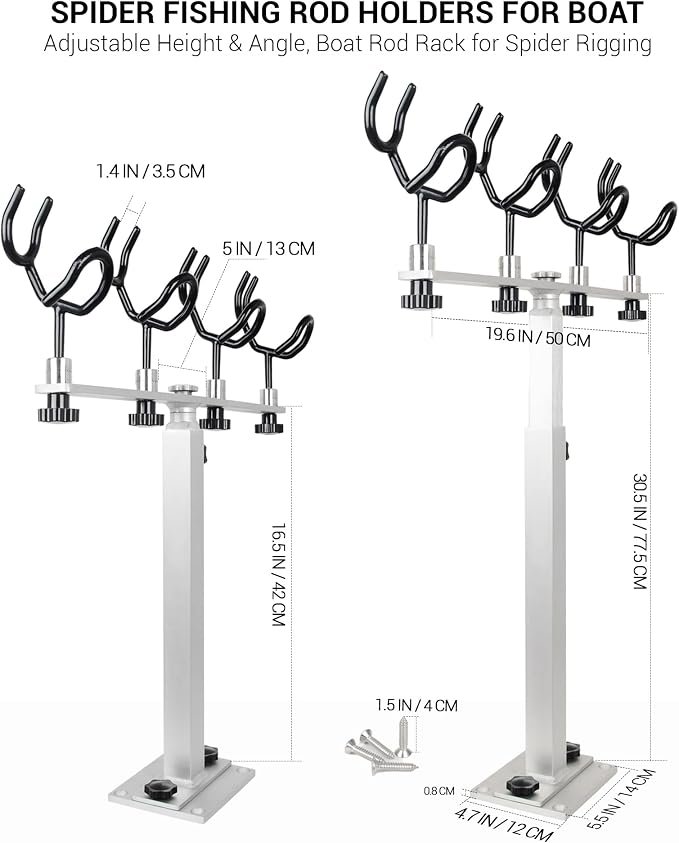 Aluminum Spider Rigging Rod Holder for Boat - 4 Pole Crappie Fishing Rack, Heavy Duty 6063-T5 Marine Grade Aluminum, 16.5"-30.5" Adjustable Height Square Tube Support for Catfish & Trolling